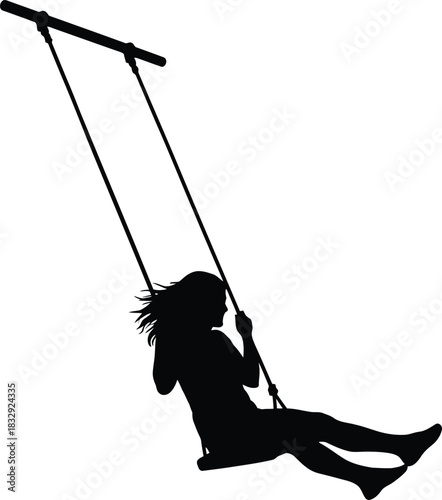 Black Silhouette Vector of a Young Girl Swinging High on a Playground Swing Set Symbolizing Childhood Freedom and Joy