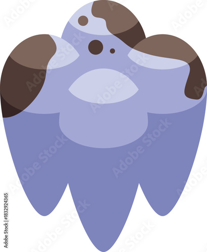 Damaged molar tooth showing brown spots from caries and decay, highlighting the importance of dental hygiene