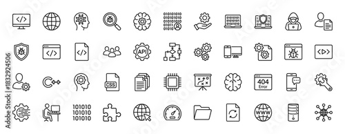 Software development line icon set. vector pictograms of code, settings, security, error, and database, thin linear illustration.