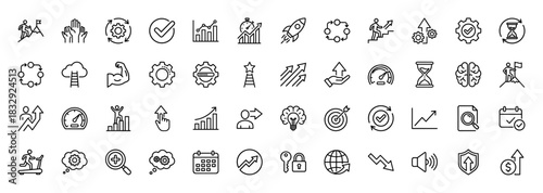 Business and productivity line icon set. Vector pictograms of charts, rockets, gears, hourglasses, and targets, thin linear illustration.