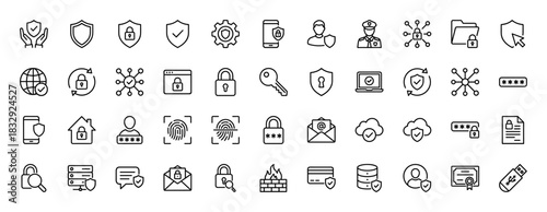 Cybersecurity line icon set. Vector pictograms of shield, lock, password, data, network, fingerprint, and secure devices, thin linear illustration.