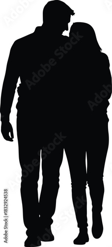 Black Silhouette of Romantic Couple Standing or Walking Embracing Love and Affection Vector Illustration