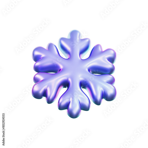 3D holographic snowflake with glossy neon texture isolated on white background. Shiny frozen crystal iridescent snowflake decoration for Christmas or New Year designs, UI, card, poster. 3D vector icon