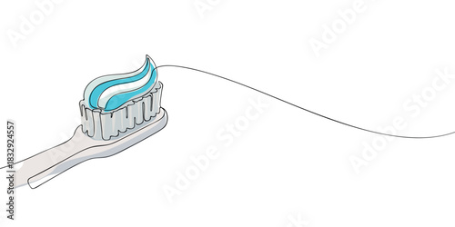 A line art illustration of a toothbrush with bristles holding a swirl of blue and white toothpaste.