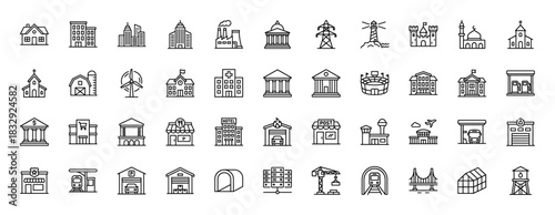 Architecture and cityscape outline icon set. Vector pictograms of buildings, transit, infrastructure, and institutions, thin linear illustration.
