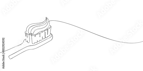A line drawing of a toothbrush with bristles covered in a swirl of toothpaste, shown in a simple minimal continuous line style.