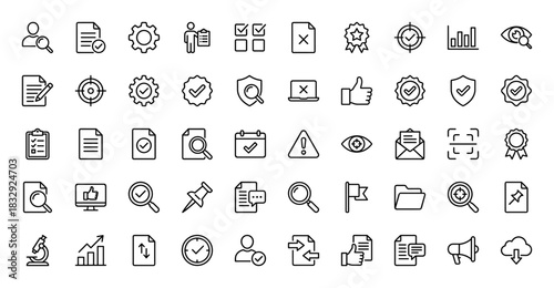 Quality assurance and business management line icon set. Vector pictograms of settings, document, search, target, and checklist, thin linear illustration.