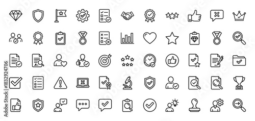 Quality assurance line icon set. Vector pictograms of award ribbon, shield, certificate, medal, inspection, thumbs up, star rating, checklist, thin linear illustration.