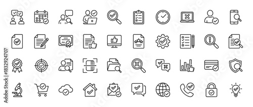 Business and e-commerce line icon set. Vector pictograms of document, checkmark, search, calendar, shopping, and finance, thin linear illustration.
