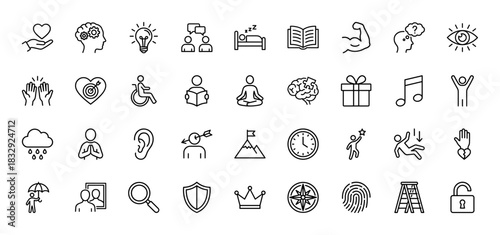 Abstract concepts and lifestyle line icon set. Vector pictograms of book, brain, sleep, heart, music, and mindfulness, thin linear illustration.