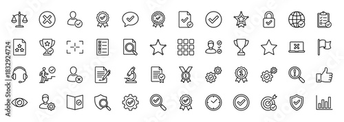 Quality assurance and corporate business line icon set. Vector pictograms of checkmark, award, magnifying glass, scale, and settings, thin linear illustration.
