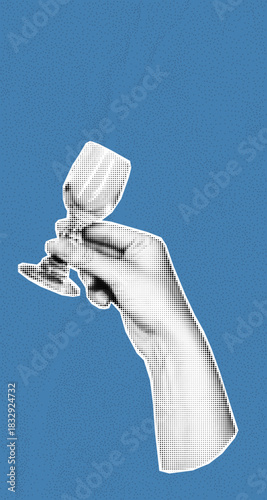 Hand with elegant glass in halftone modern collage. Retro newspaper tone and vibrant backdrop. Stylish celebration design for web banner or poster.