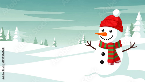 Cheerful Snowman Enjoying a Snowy Winter Wonderland Landscape with Pine Trees and Rolling Hills Under a Clear Sky Illustration