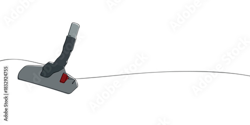 Minimal line art illustration of a vacuum cleaner head with a hose attachment, used for cleaning floors and carpets.