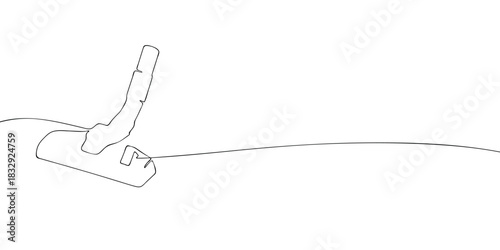 A minimal continuous line drawing of a vacuum cleaner with a long handle and floor head, used for cleaning dirt and debris from surfaces.