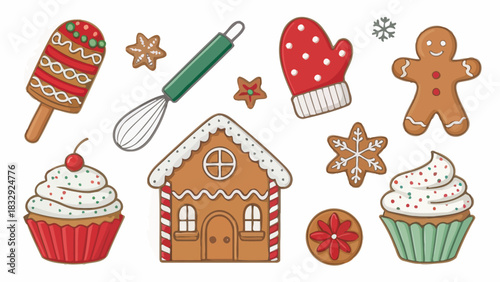 Festive holiday baking scene featuring gingerbread house, cookies, and cupcakes for Christmas celebrations