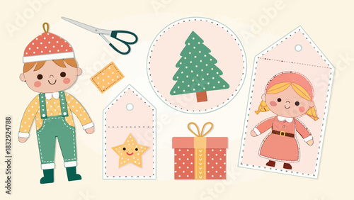 Festive Christmas crafting with cute characters and decorations for holiday projects, scrapbook elements and gifts