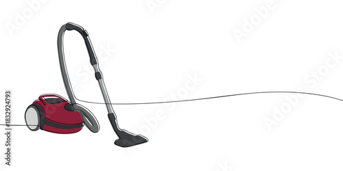 A red canister vacuum cleaner with a long hose and floor nozzle, illustrated in a simple, minimal style.