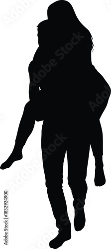 Piggyback ride silhouette vector illustration of a couple or friends carrying each other symbolizing love support and fun
