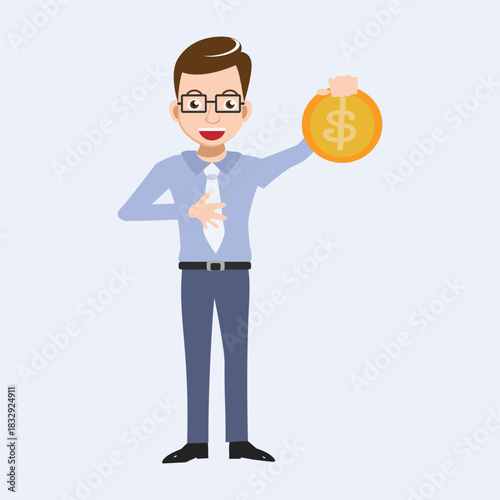 Flat vector illustration of a young businessman or office worker wearing glasses, holding up a large golden coin with a dollar sign