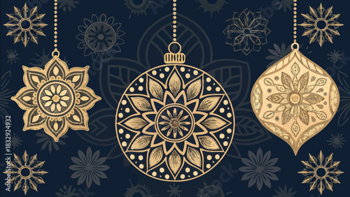 Elegant golden hanging ornaments, perfect for adding a touch of holiday cheer to any festive design
