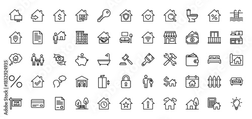 Real estate and property management line icon set. Vector pictograms of house, key, money, contract, and furniture, thin linear illustration.