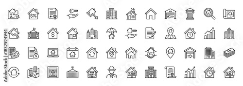 Real estate line icon set. Vector pictograms of house, building, key, contract, finance, sale, and rent, thin linear illustration.