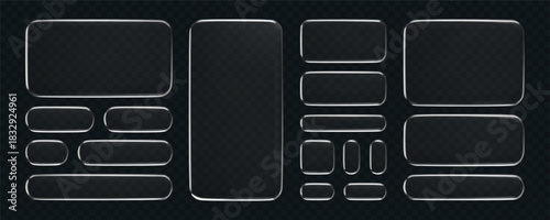 3D liquid glass buttons with a transparent neon silver glow effect, isolated on a dark background. Render of liquid glass frame, UI UX elements for phone app or game interfaces. 3D tech digital vector