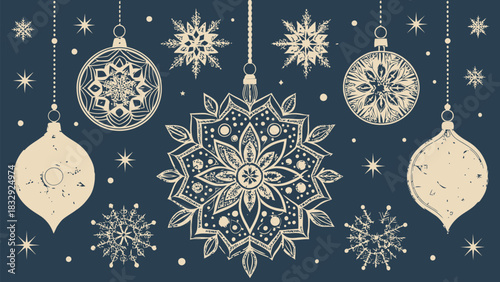 Delicate winter holiday ornaments with intricate snowflake designs evoke festive cheer and seasonal joy