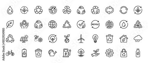 Ecology and environment line icon set. Vector pictograms of recycling, renewable energy, and eco-friendly practices, thin linear illustration.