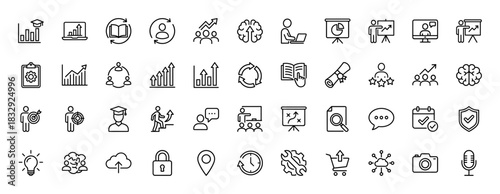 Business coaching and education line icon set. Vector pictograms of growth chart, presentation, target, graduate, strategy, idea bulb, teamwork, thin linear illustration.