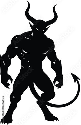 Black Silhouette of a Muscular Horned Demon or Devil with Tail and Claws