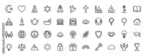 Religion, spirituality, and morality line icon set. Vector pictograms of cross, star, crescent, heart, peace, justice, and knowledge, thin linear illustration.