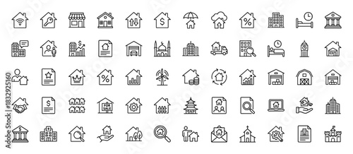 Real estate line icon set. Vector pictograms of house, building, mortgage, agent, contract, key, sale, rent and architecture, thin linear illustration.