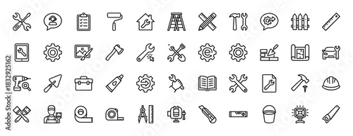 Repair and construction icon set. vector pictograms of wrench, hammer, screwdriver, paint roller, saw, and level, thin linear illustration.