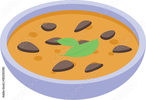 Creamy peanut soup is served in a bowl, garnished with a fresh green leaf
