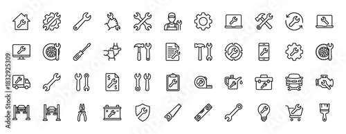 Repair and service outline icon set. vector pictograms of wrench, gear, car, technician, and toolbox, thin linear illustration.