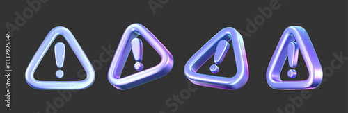 3D holographic alert icon with exclamation mark. Render of triangle holo symbol of hacker attack, AI threat, data protection, spam, privacy, cybersecurity, scam, fraud and digital risk. 3D vector
