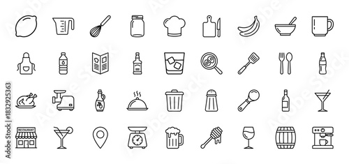 Kitchen and cooking line icon set. Vector pictograms of chef's hat, whisk, wine glass, blender, and grill, thin linear illustration.