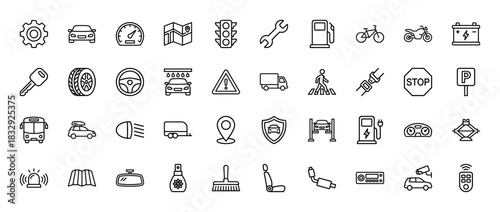 Automotive and traffic line icon set. Vector pictograms of car, wrench, gas pump, traffic light, and seat belt, thin linear illustration.