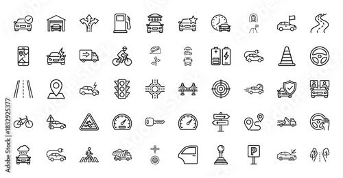 Transportation and driving line icon set. Vector pictograms of car, traffic, road, electric vehicle, and bicycle, thin linear illustration.