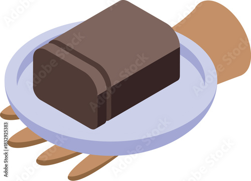 Hands holding plate with rye or brown bread, isometric serving in restaurant or cafe