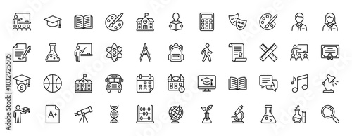 Education line icon set. Vector pictograms of school building, graduation cap, books, diploma, and laboratory equipment, thin linear illustration.
