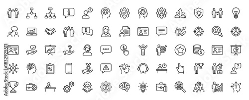 Business and management line icon set. Vector pictograms of gear, handshake, lightbulb, target, chart, laptop, briefcase, trophy and support, thin linear illustration.