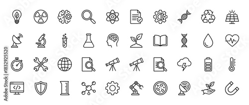 Science and research line icon set. Vector pictograms of gear, flask, atom, brain, lightbulb, and microscope, thin linear illustration.