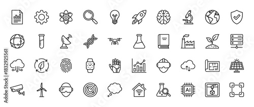 Science and technology line icon set. Vector pictograms of research, innovation, artificial intelligence, and renewable energy, thin linear illustration.