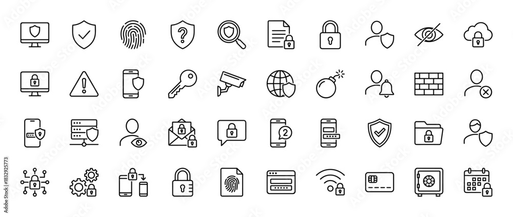 Fototapeta premium Cyber security and data protection line icon set. Vector pictograms of lock, shield, firewall, fingerprint, and key, thin linear illustration.
