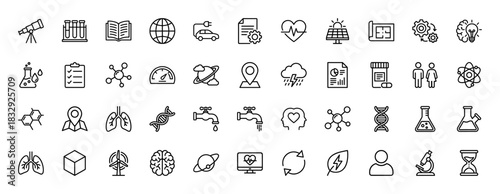 Science and nature line icon set. Vector pictograms of heartbeat, flask, dna, brain, and earth, thin linear illustration.