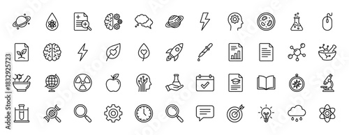 Science and education line icon set. Vector pictograms of microscope, atom, dna, rocket, brain, flask, planet, gear, book, globe, pipette, thin linear illustration.