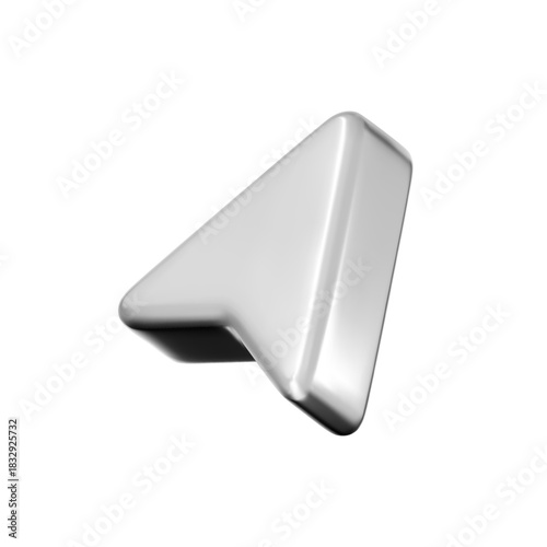 3D silver arrow cursor icon with glossy metal gradient, isolated on white background. Render of chrome arrow pointer for interfaces, tech navigation, mouse click, and location search. 3D vector icon